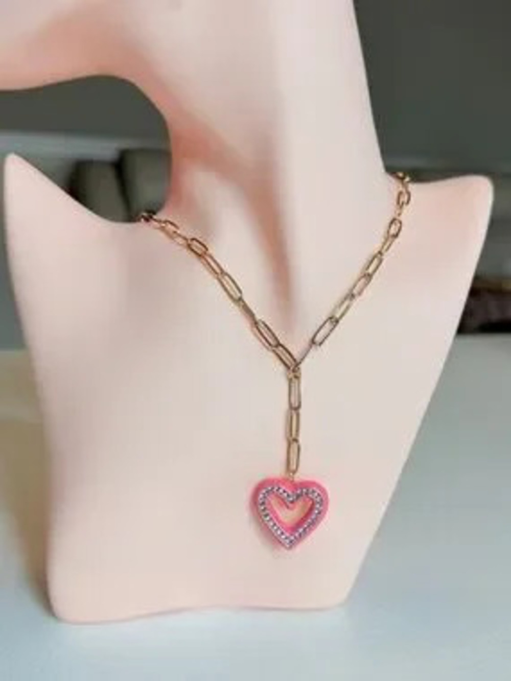 Gold Link Necklace with Pink Heart Pendant